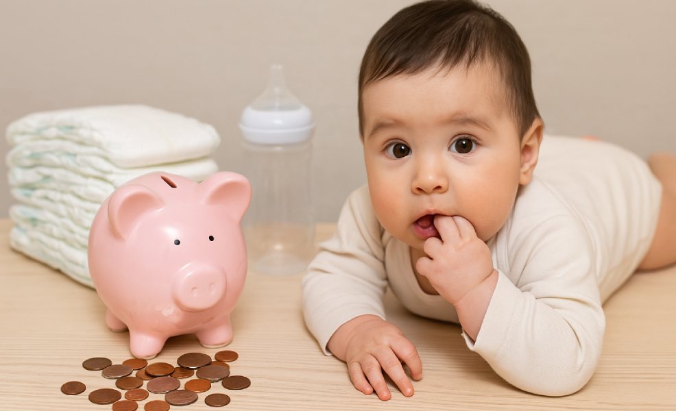 baby surrounded by piggy bank coins and diapers symbolizing baby costs