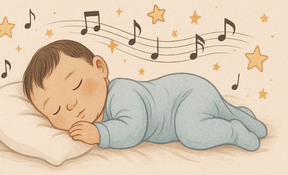 baby sleeping peacefully with music notes and stars floating around