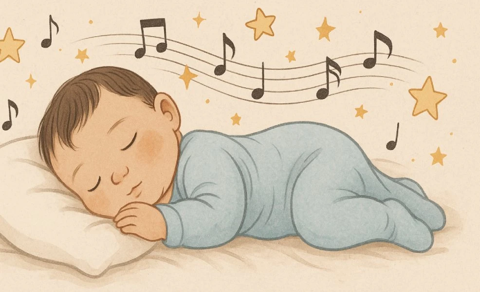 baby sleeping peacefully with music notes and stars floating around