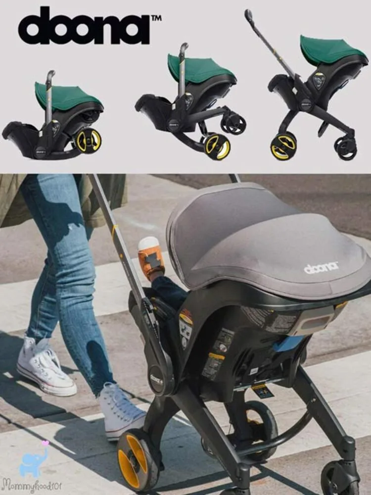 assorted configurations of the doona car seat with a parent pushing it in stroller mode in an urban environment