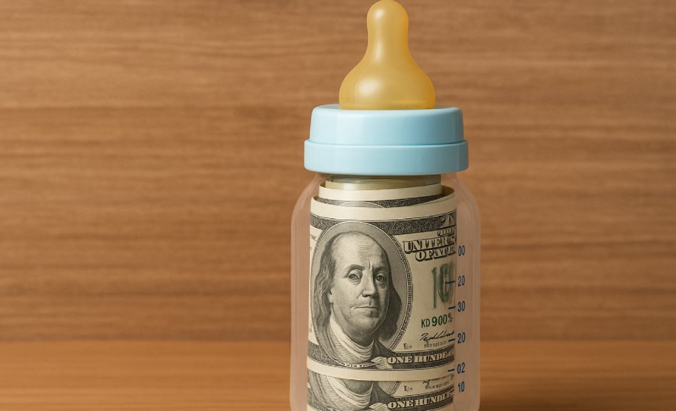 a baby bottle with dollar bills inside