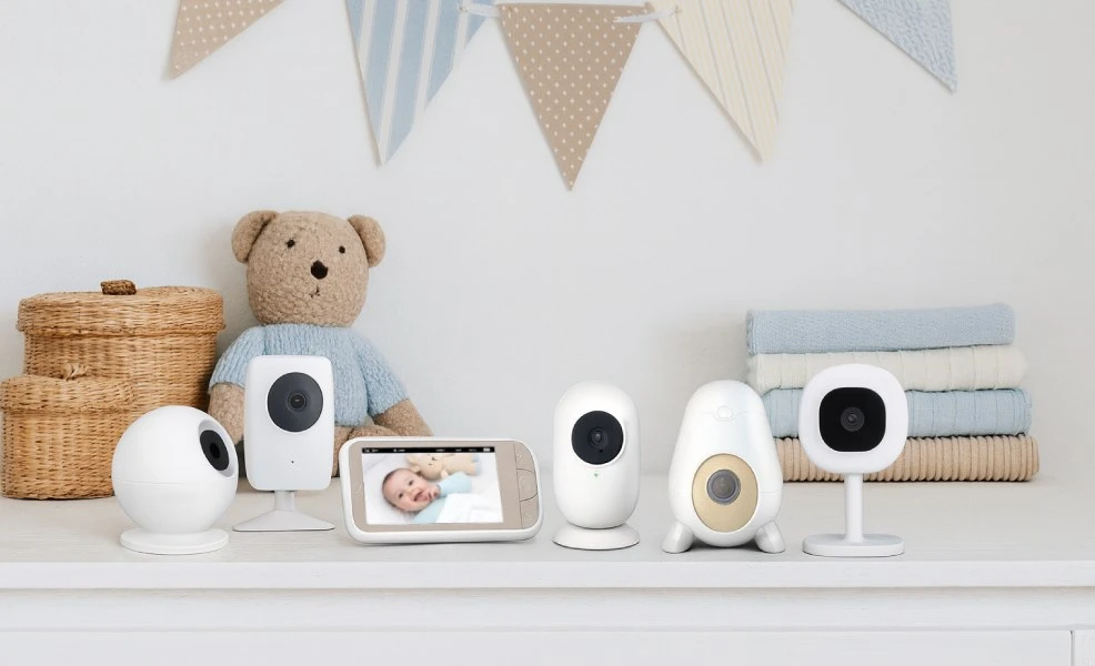 assortment of baby monitors arranged on top of a dresser in a nursery