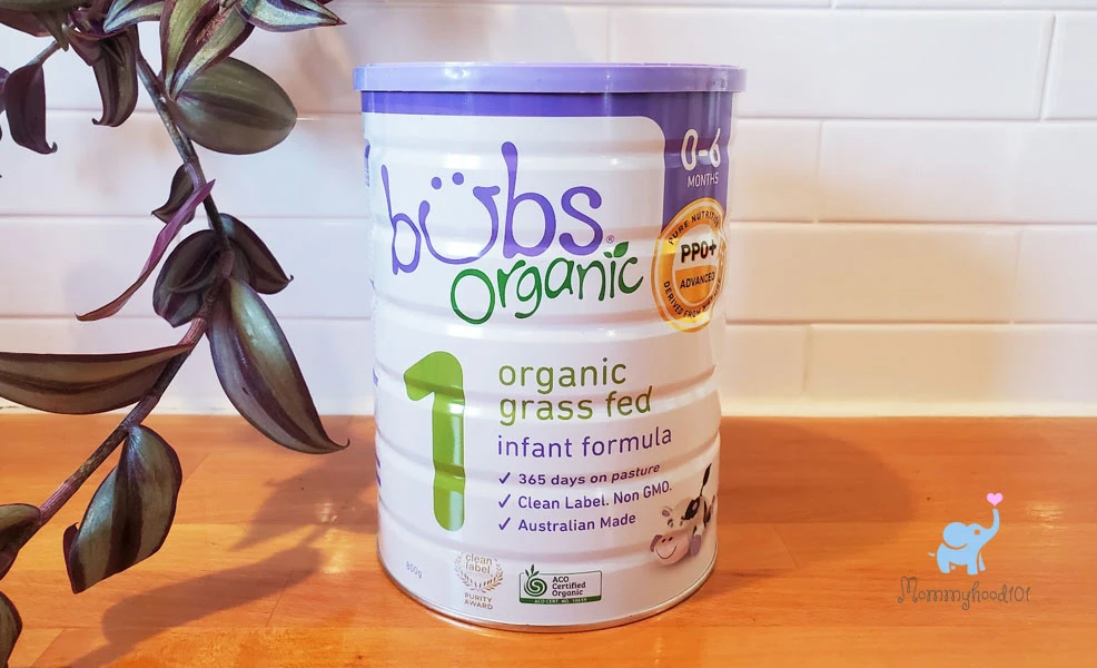 a tin of aussie bubs organic formula on a kitchen counter