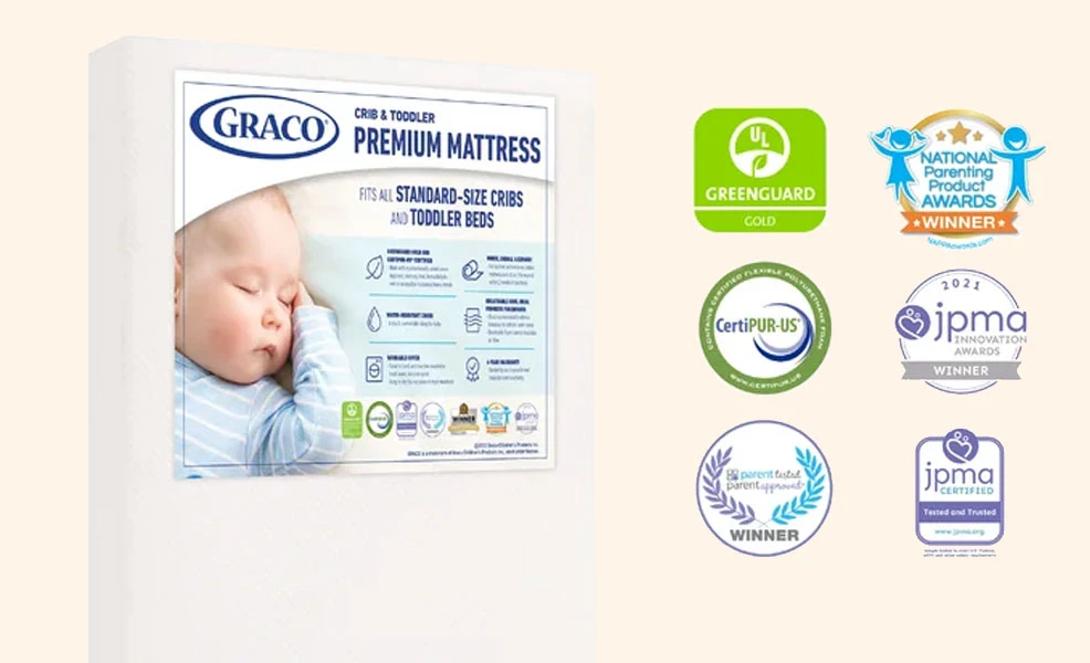 a picture of the graco premium foam crib mattress and some features