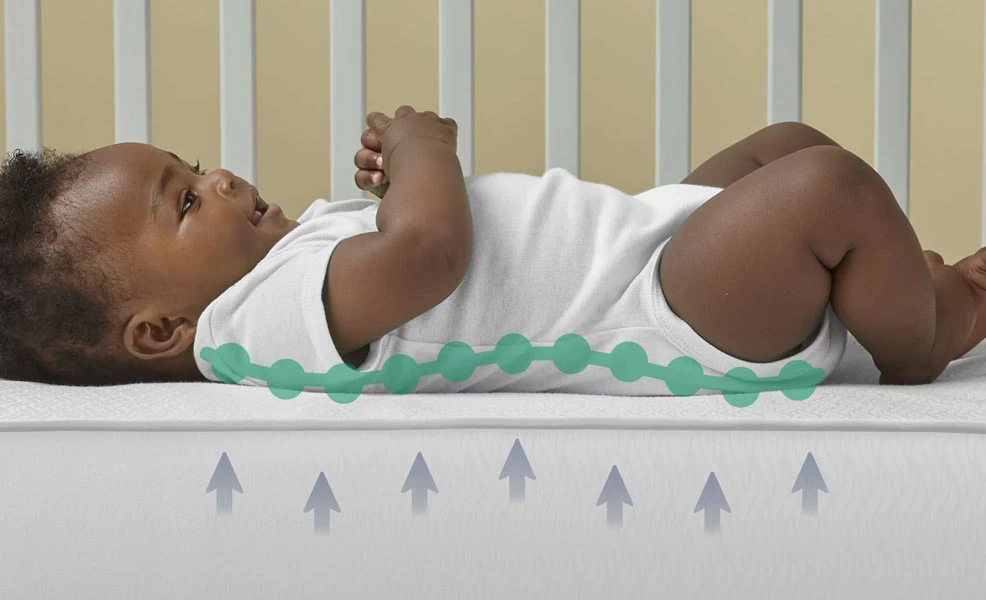 a baby laying on the kolcraft pure sleep therapeutic crib mattress