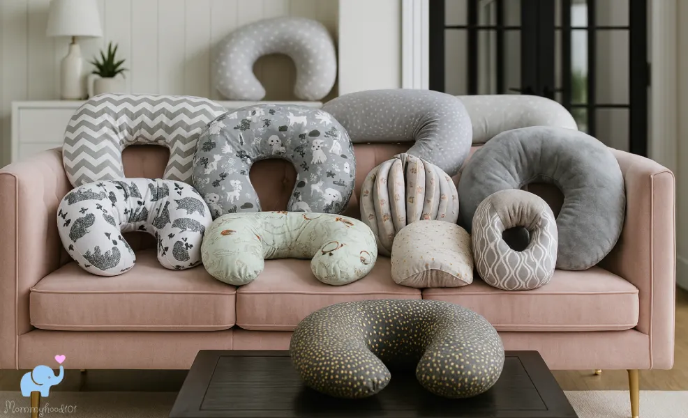 assorted nursing pillows arranged on a couch in a living room for testing