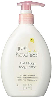 a bottle of just hatched soft baby body lotion
