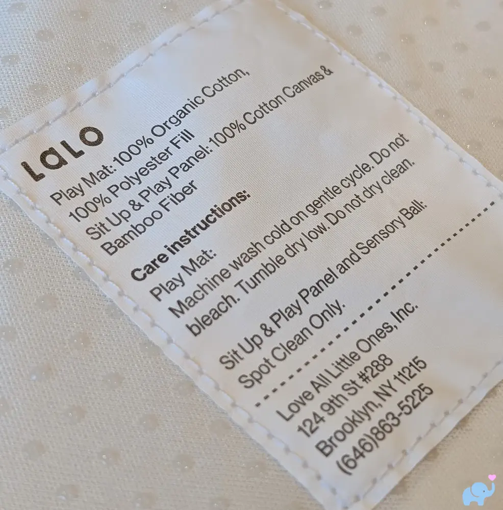 Lalo Play Gym II label showing material composition and care instructions