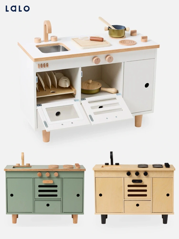 three color variants of the lalo play kitchen