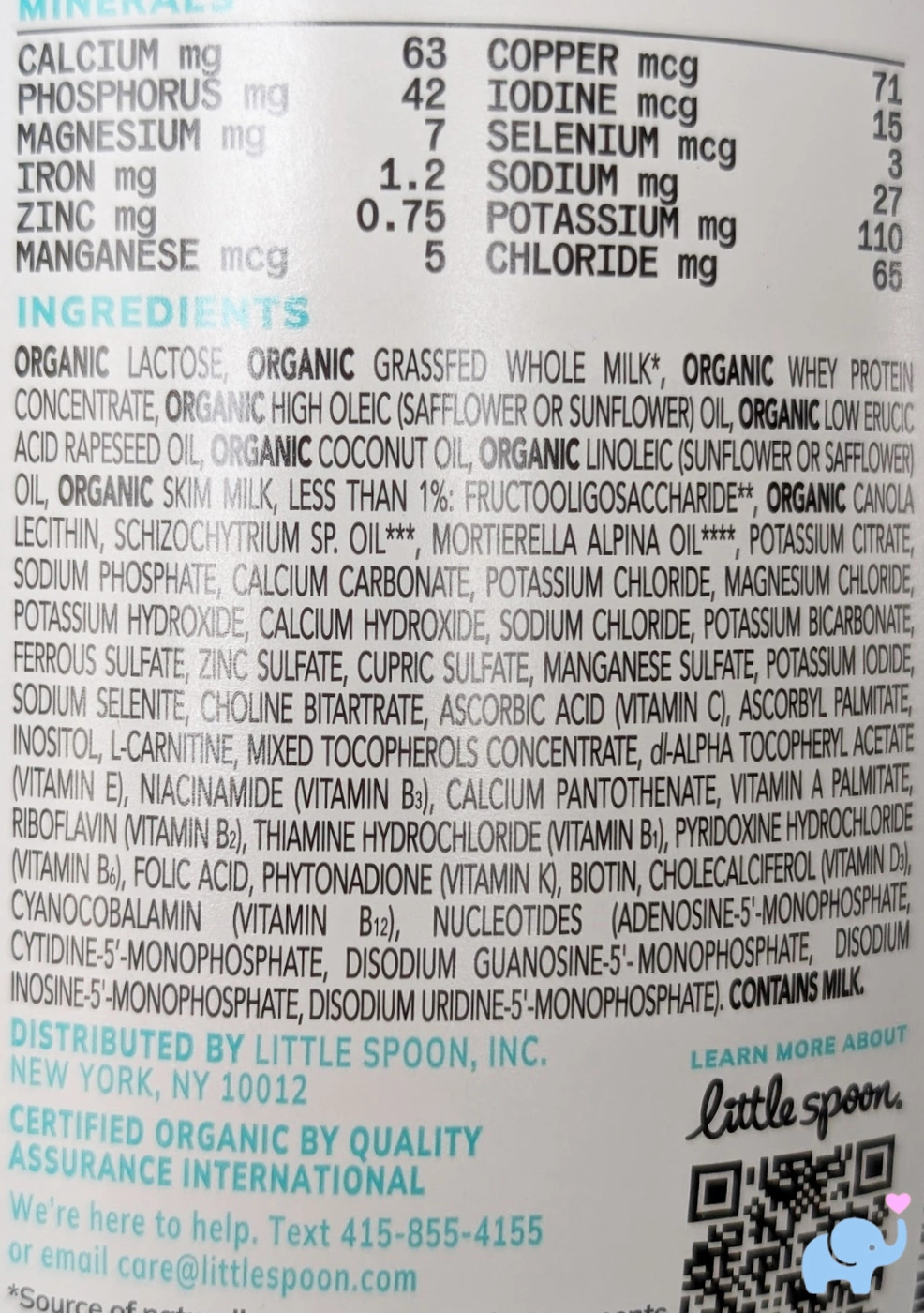 close-up of the Little Spoon formula ingredients list printed on the label