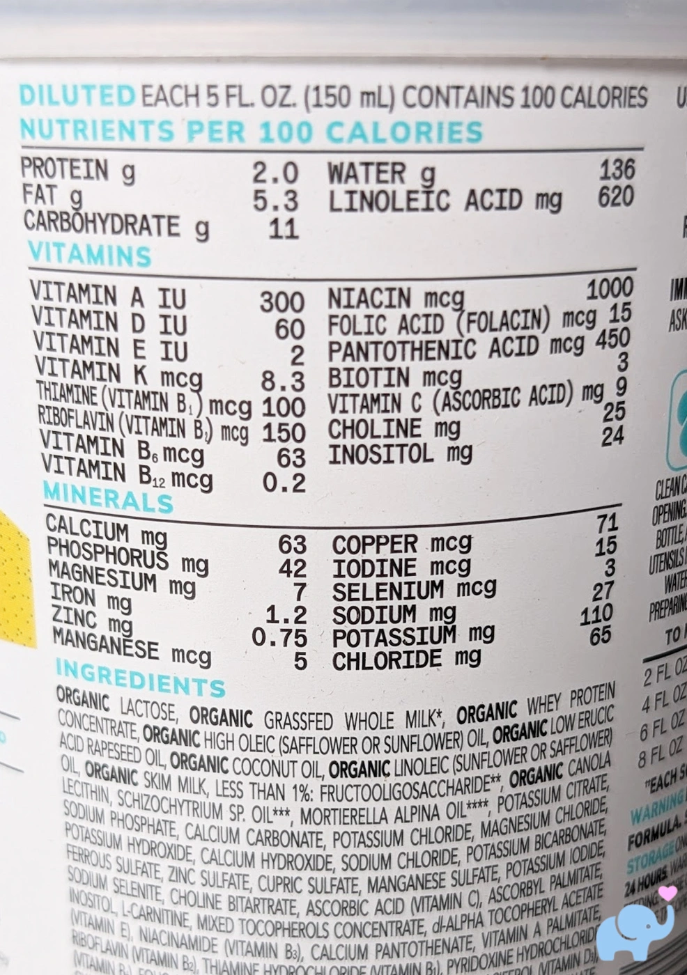close-up of the Little Spoon formula nutrition label showing nutrients per 100 calories