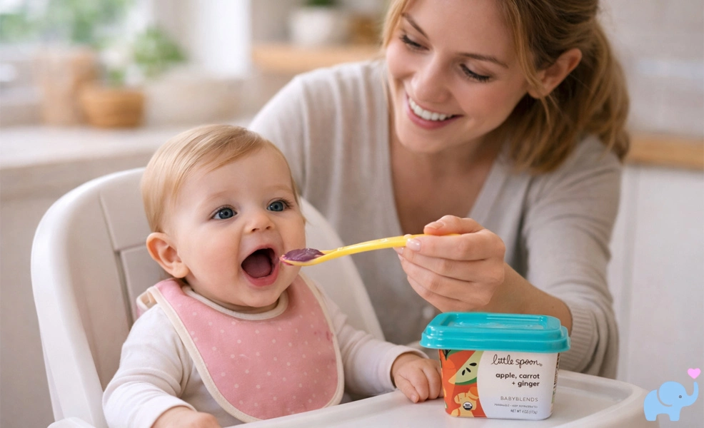 baby being spoon-fed Little Spoon Babyblends baby food