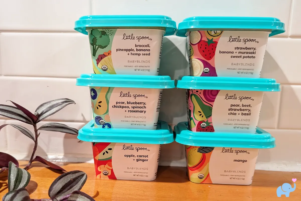 little spoon babyblends baby food stacked on kitchen counter