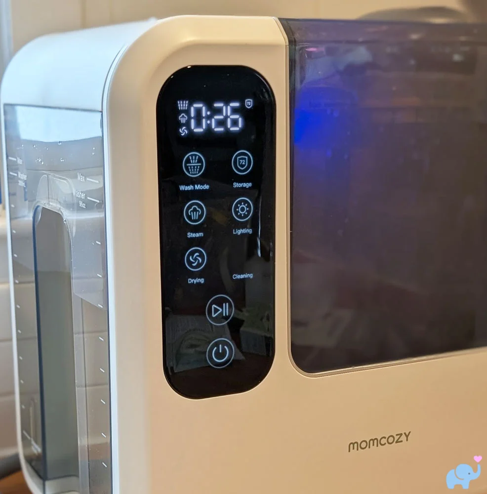 Control panel and display on the Momcozy DeepClean Baby Bottle Washer D8