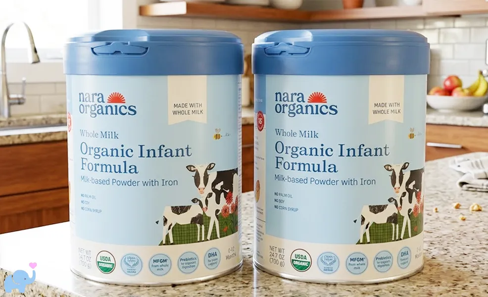 Nara Organics organic infant formula review showing formula cans on a kitchen counter