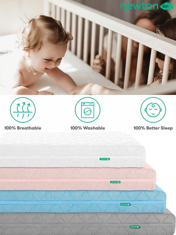 Newton Crib Mattress with baby on top and different color options