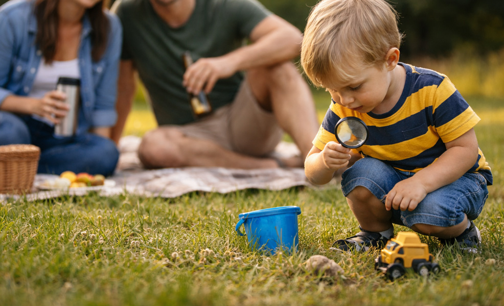 laid back parenting style with toddler playing outdoors away from relaxed parents