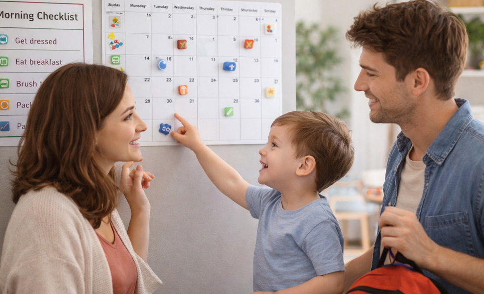 structured parenting style with parents showing a preschooler a structured schedule for the day and a monthly calendar