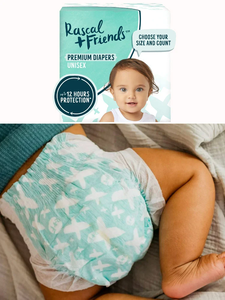 a pack of rascal and friends diapers and a baby wearing one of the diapers