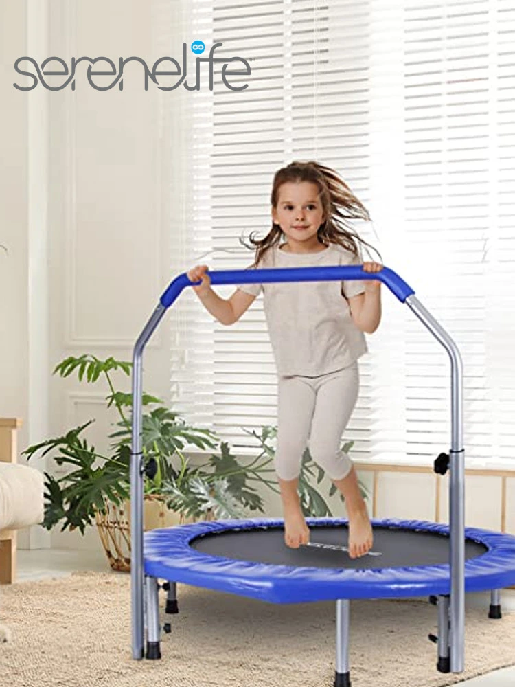 child smiling while jumping on a SereneLife kids trampoline