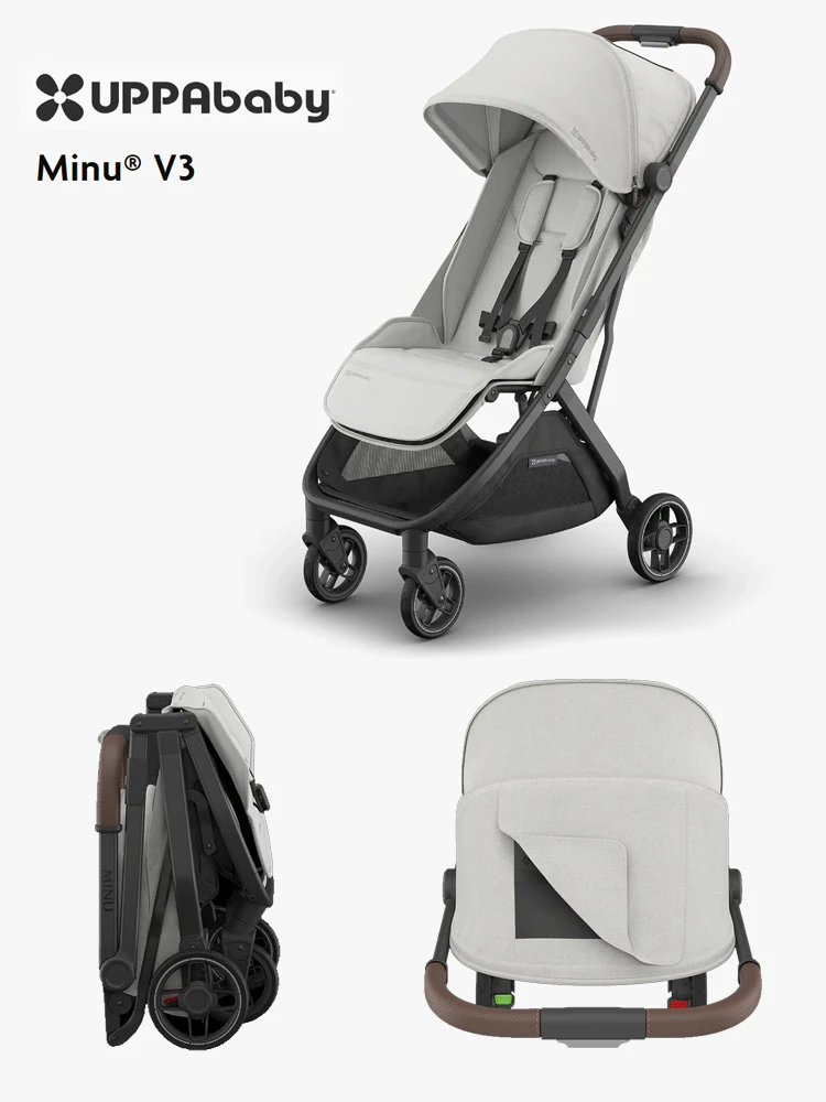 a mom buckling a toddler boy sitting in the uppababy minu v3 stroller