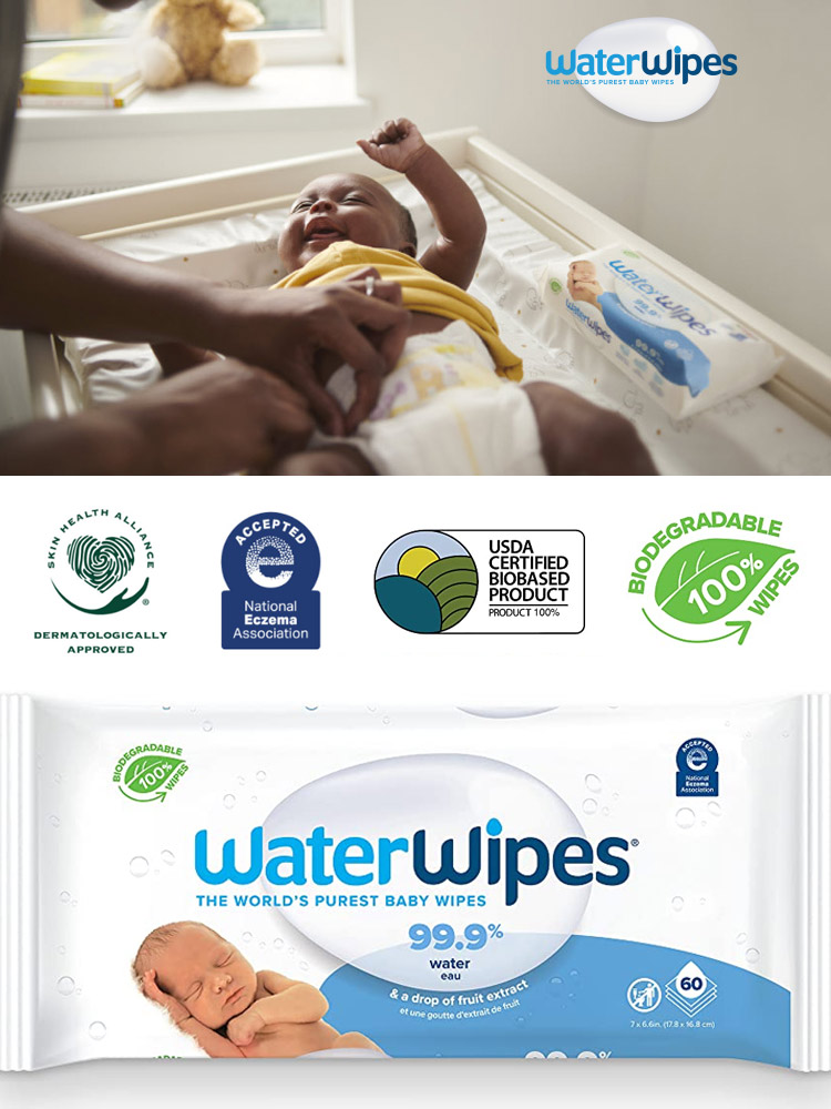 a baby on a changing table getting a diaper change by a parent using waterwipes baby wipes